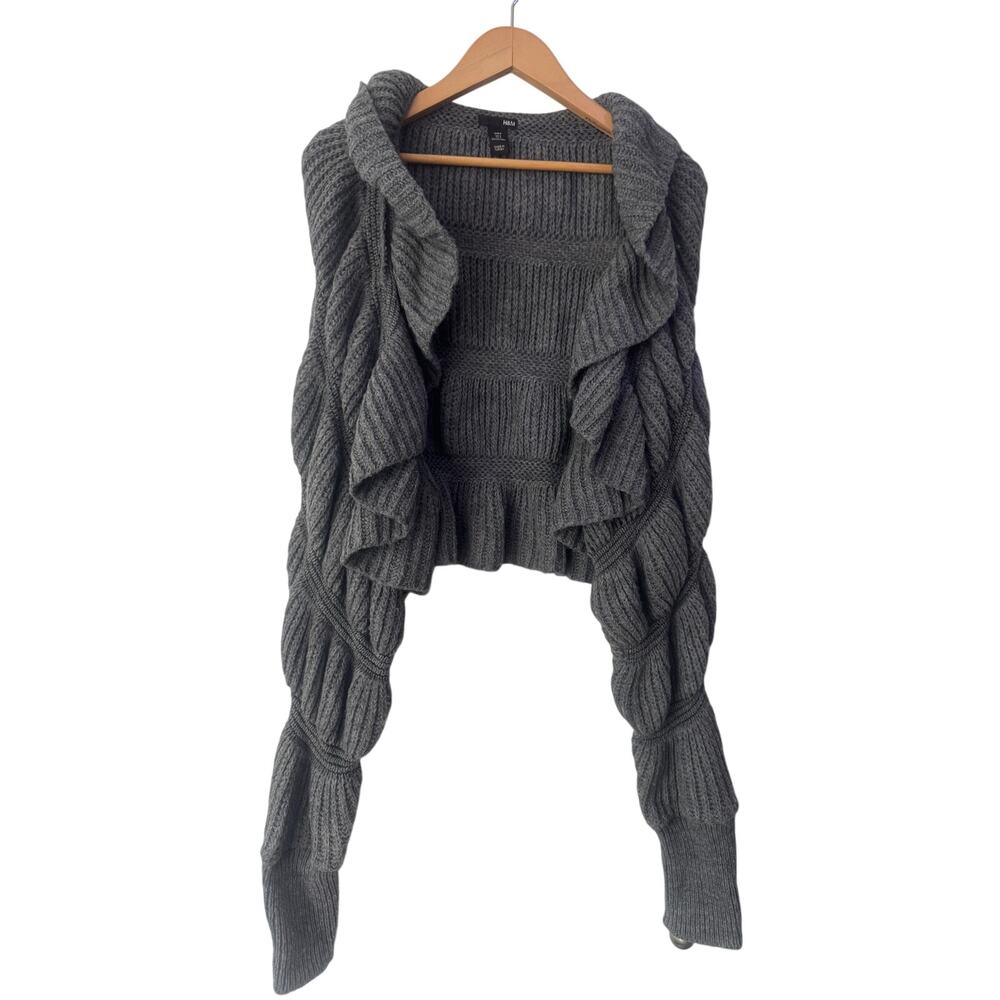 H&M Mohair Wool Blend Gray Ruffle Open Front Shrug Crop Sweater S READ HOLE